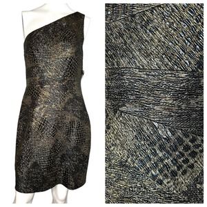 NWT Aidan Mattox black gold one shoulder fitted bodycon dress formal size 12